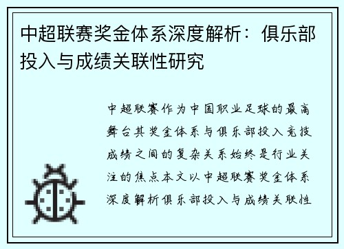 中超联赛奖金体系深度解析：俱乐部投入与成绩关联性研究