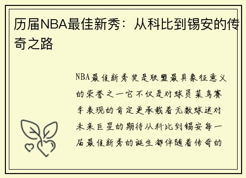 历届NBA最佳新秀：从科比到锡安的传奇之路